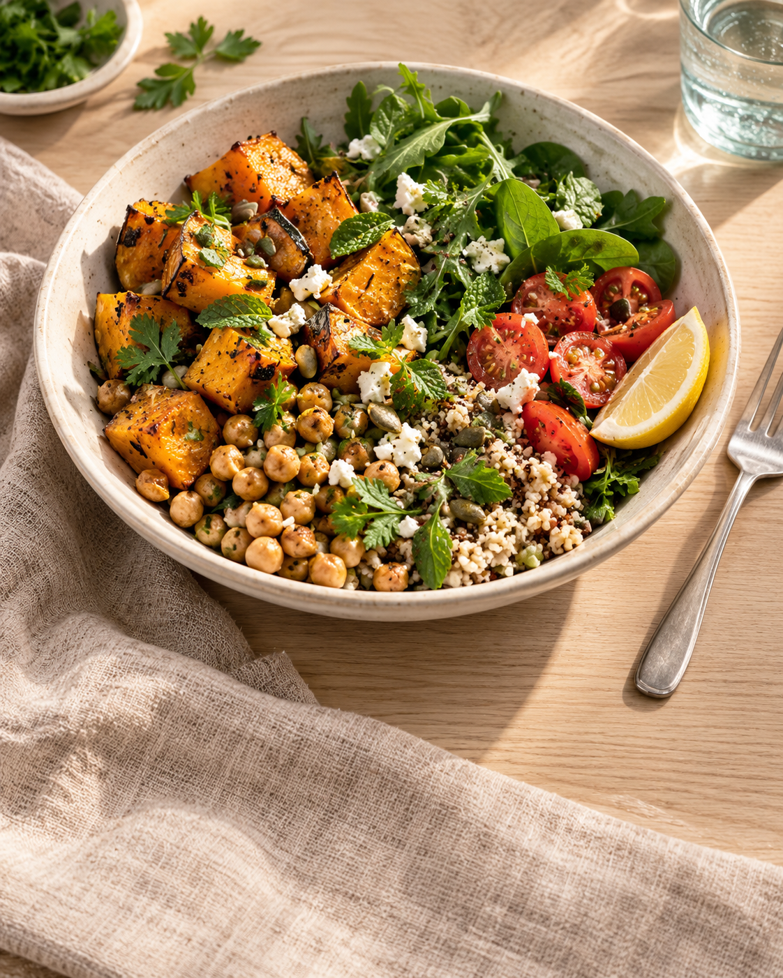 Roasted vegetables, chickpeas and grains with fresh herbs in a ceramic bowl on a linen-covered table