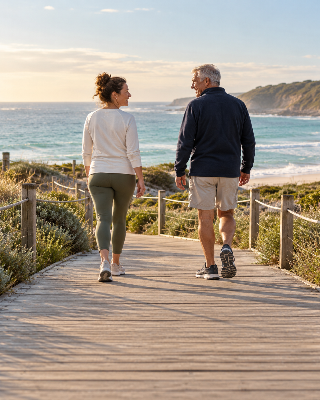 Two mates walking together along a coastal path in soft early morning light
