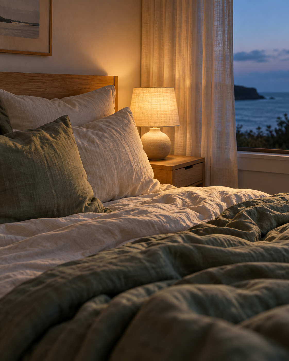 Soft cream linen and sage bedding beside warm lamplight in a quiet bedroom at dusk